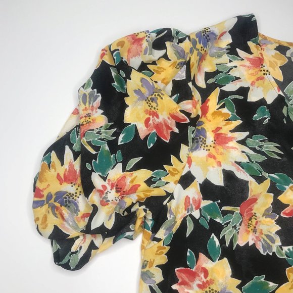 Ava & Viv Women Blouse Plus Sz X 14W Floral Print Top Black Yellow Ruched Sleeve - Picture 6 of 10